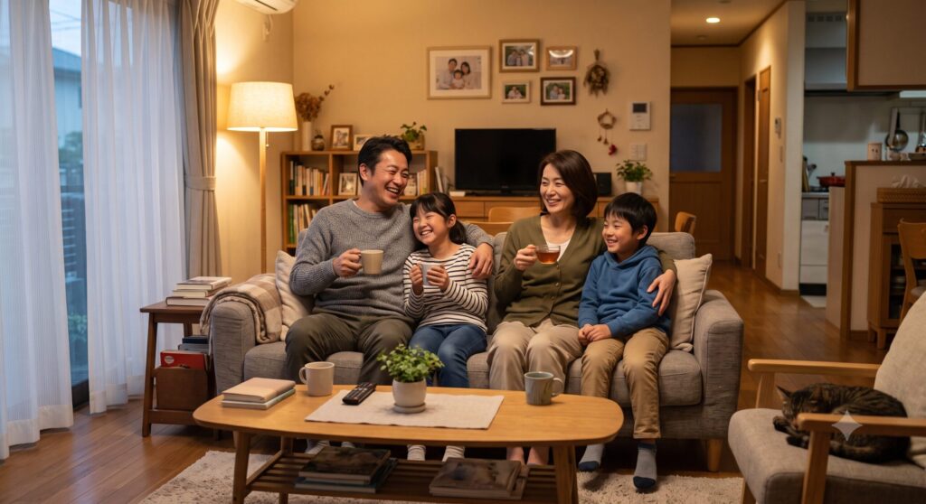 害獣被害が解決して安心した日本人家族のイメージ