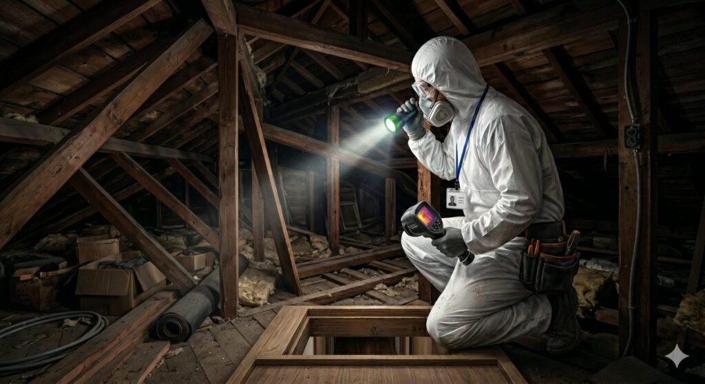 害獣駆除業者が屋根裏で作業しているイメージ