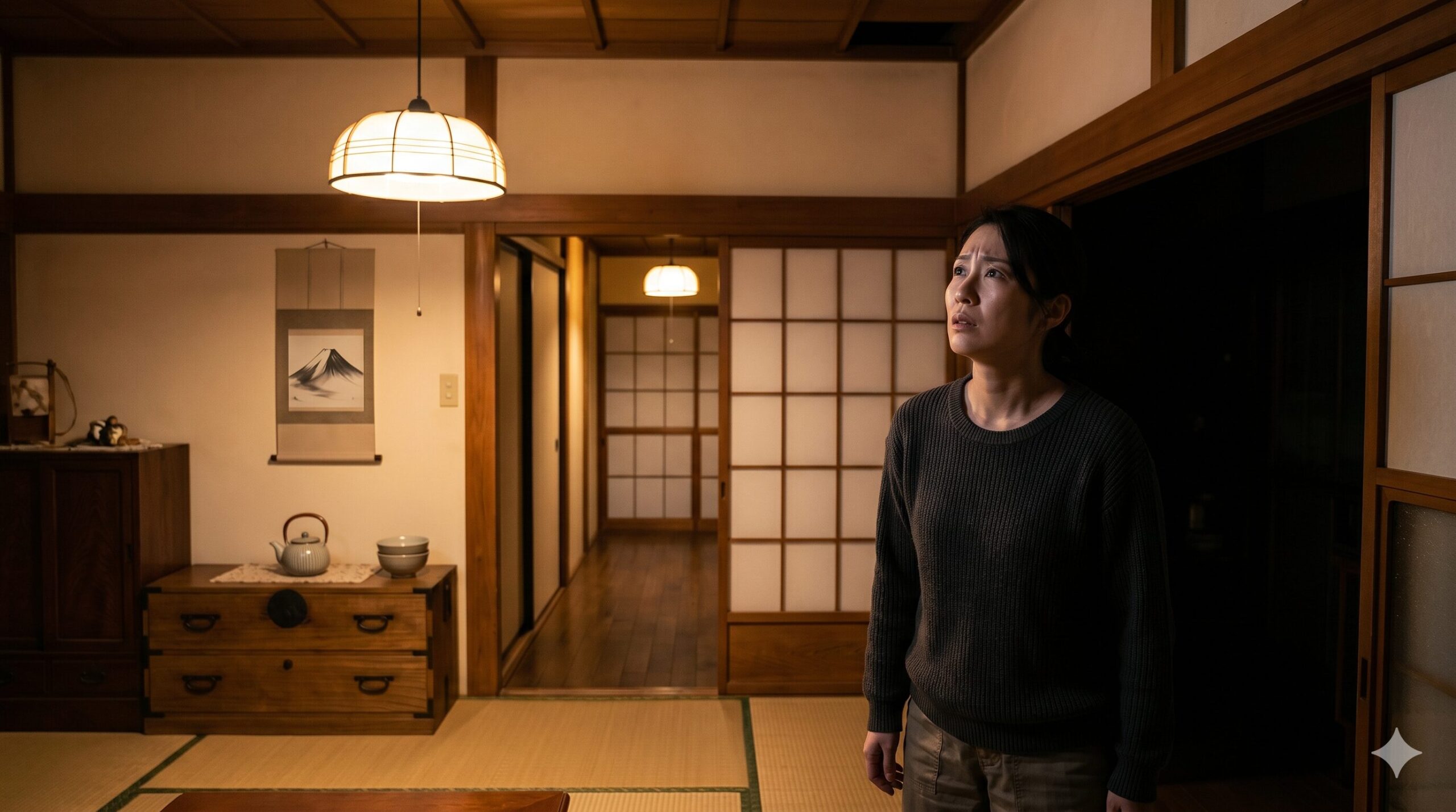 夜中に天井からの音に気づき見上げる日本の女性