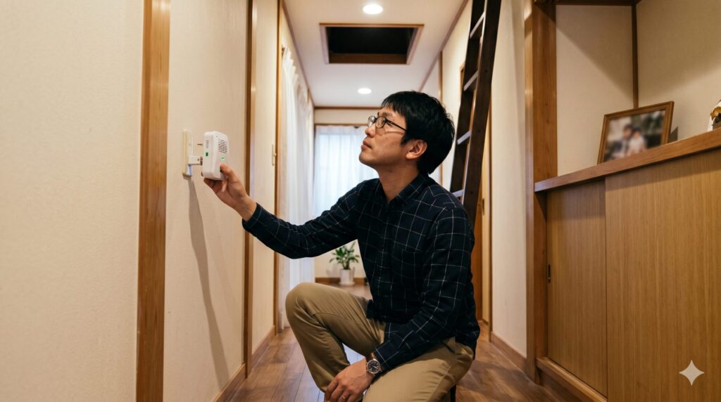Newペストコントロを壁のコンセントに設置している場面