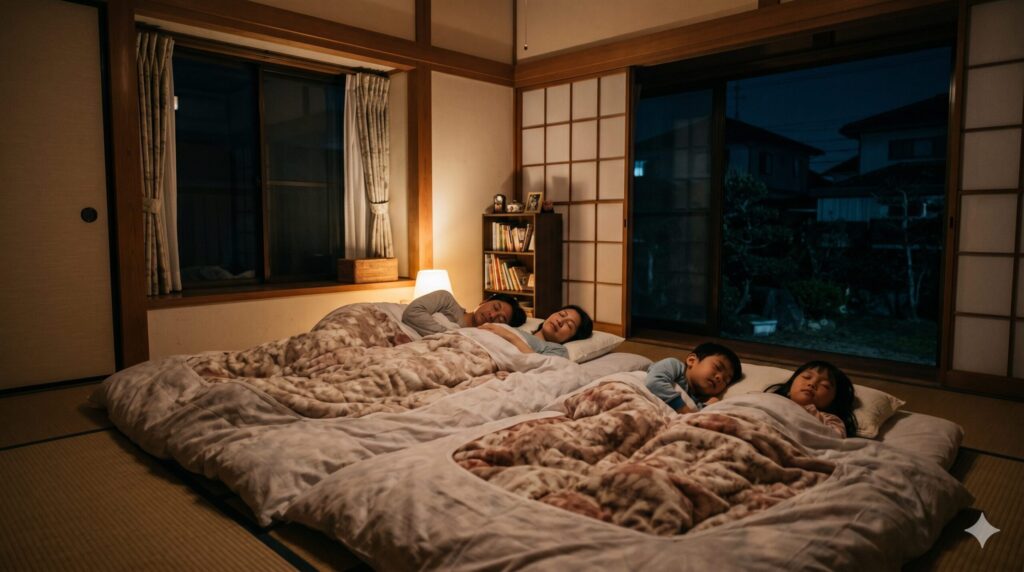 ネズミ問題が解決し、静かに眠れるようになった日本の家族のイメージ