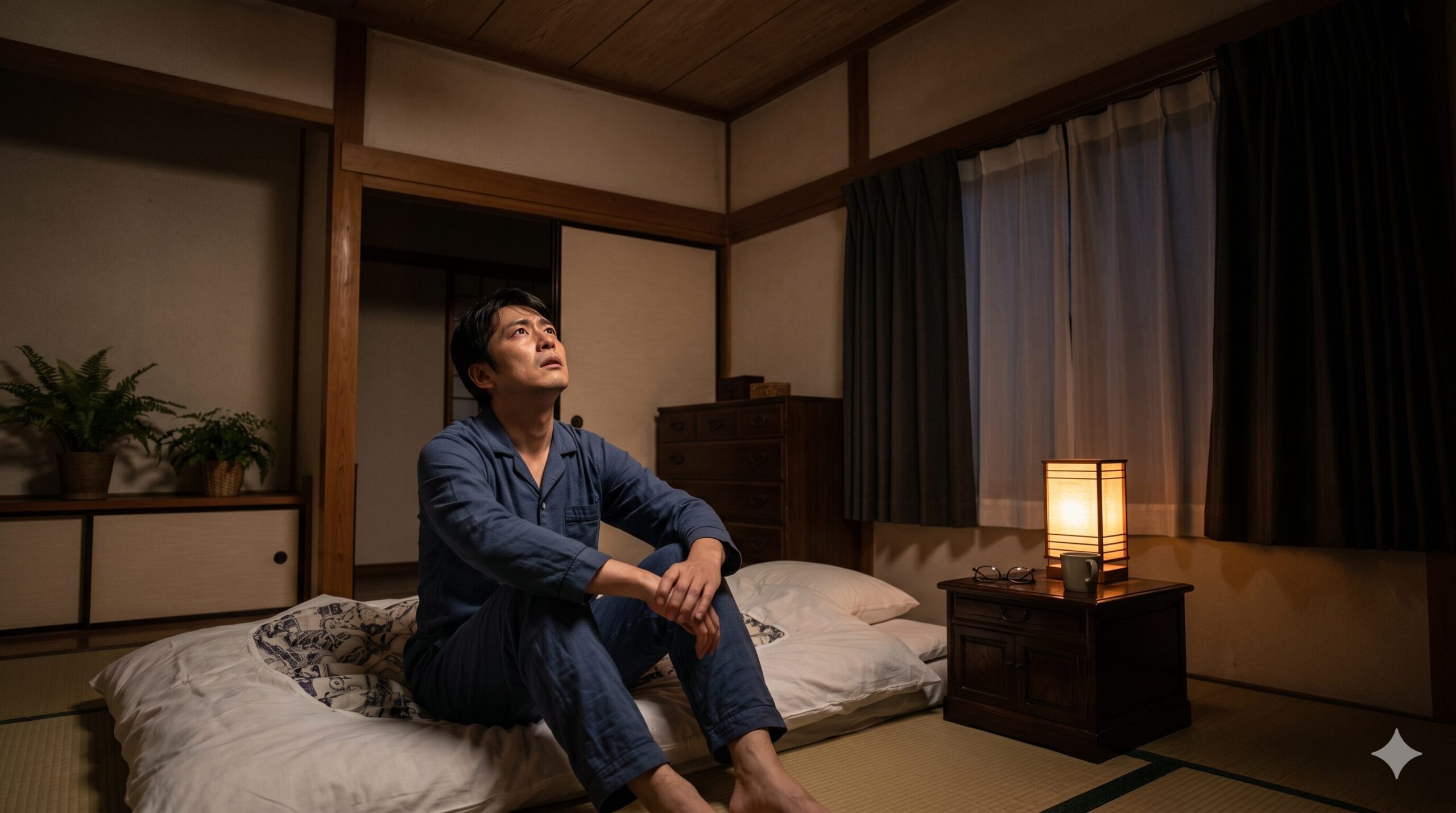 深夜に天井からの物音に気づき眠れない日本人のイメージ