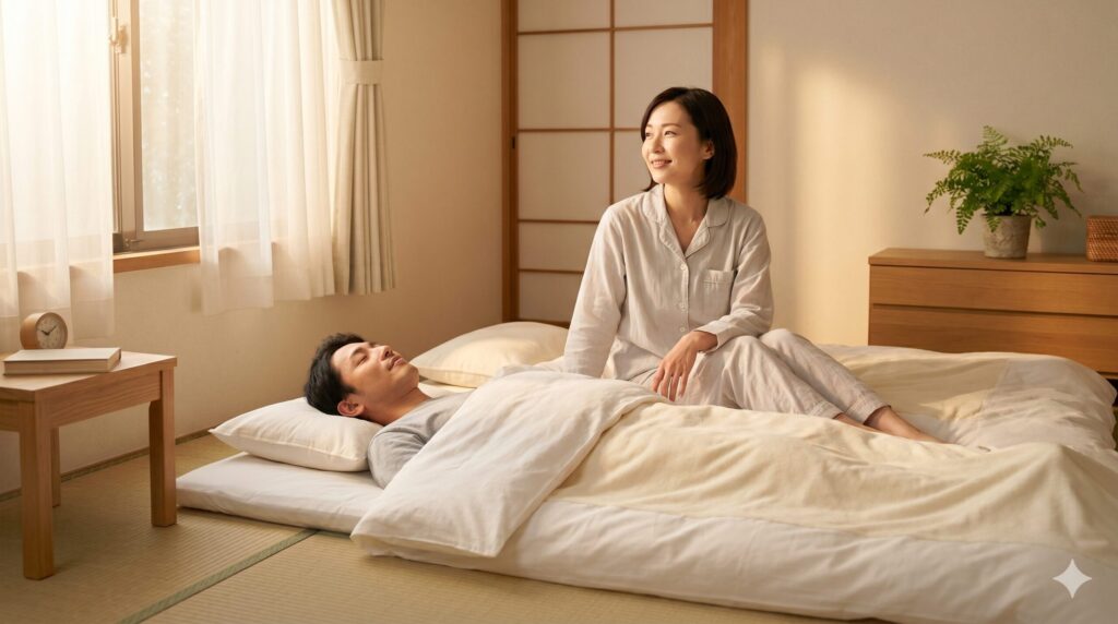 ネズミ問題が解決してぐっすり眠れた朝の日本人家族のイメージ